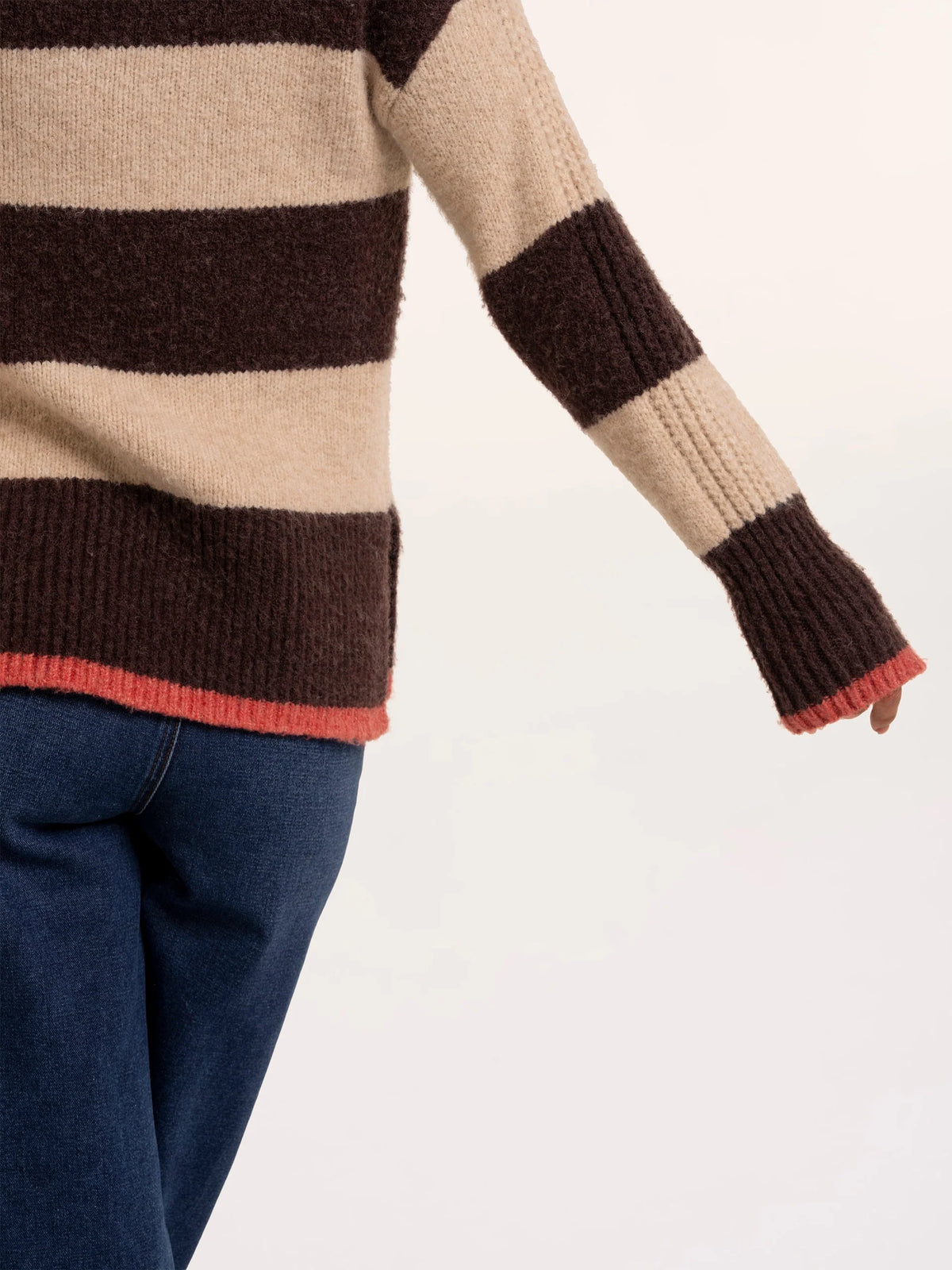 Brakeburn Eira Stripe Crew Neck Knitted Jumper in brown and cream styled with dark denim jeans