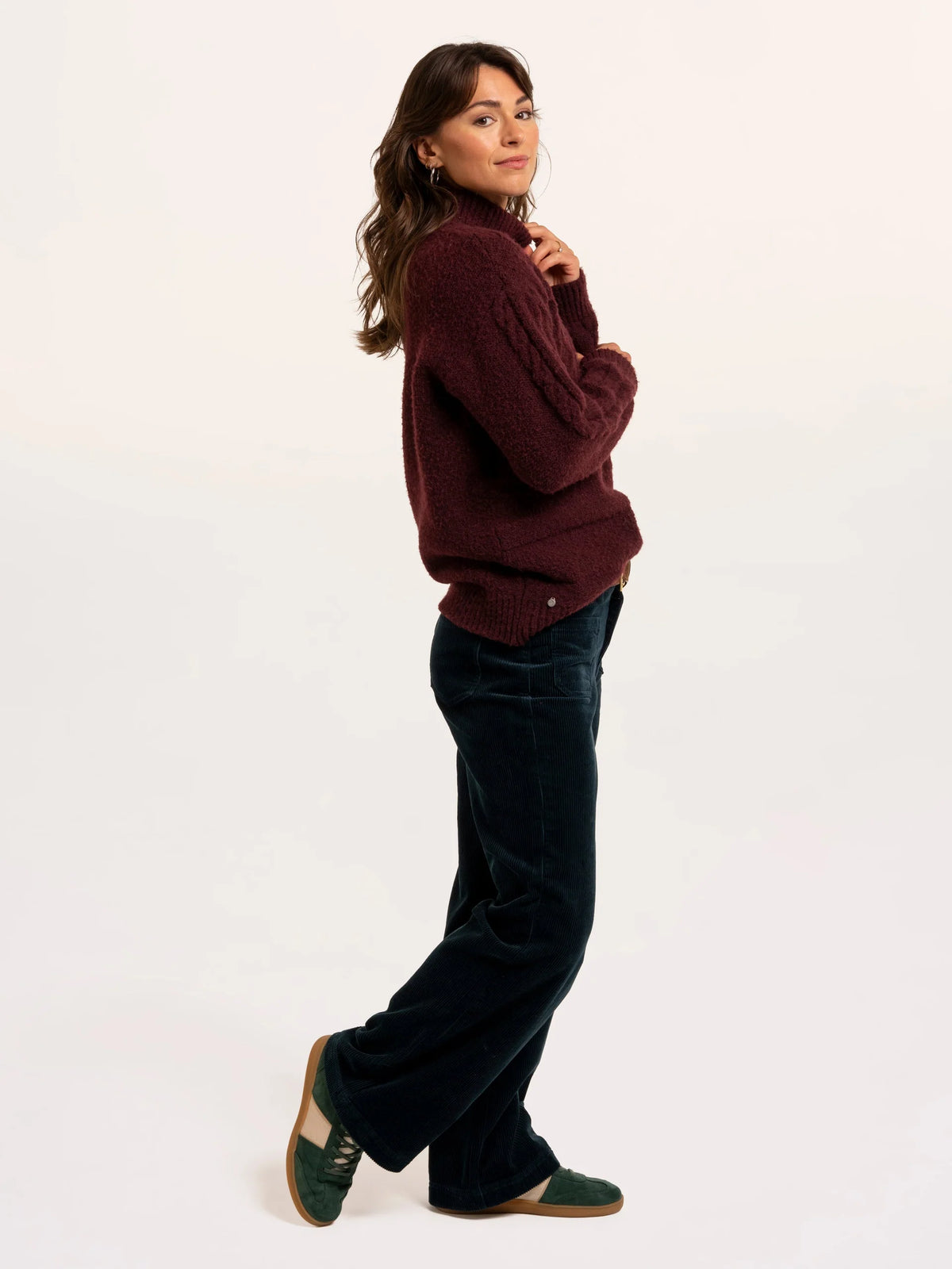 Brakeburn Freya Cable Knitted Funnel Neck Jumper in wine