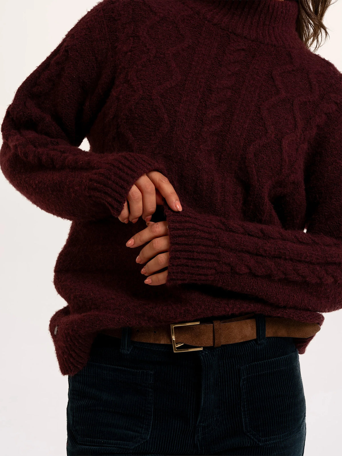 Brakeburn Freya Cable Knitted Funnel Neck Jumper in wine