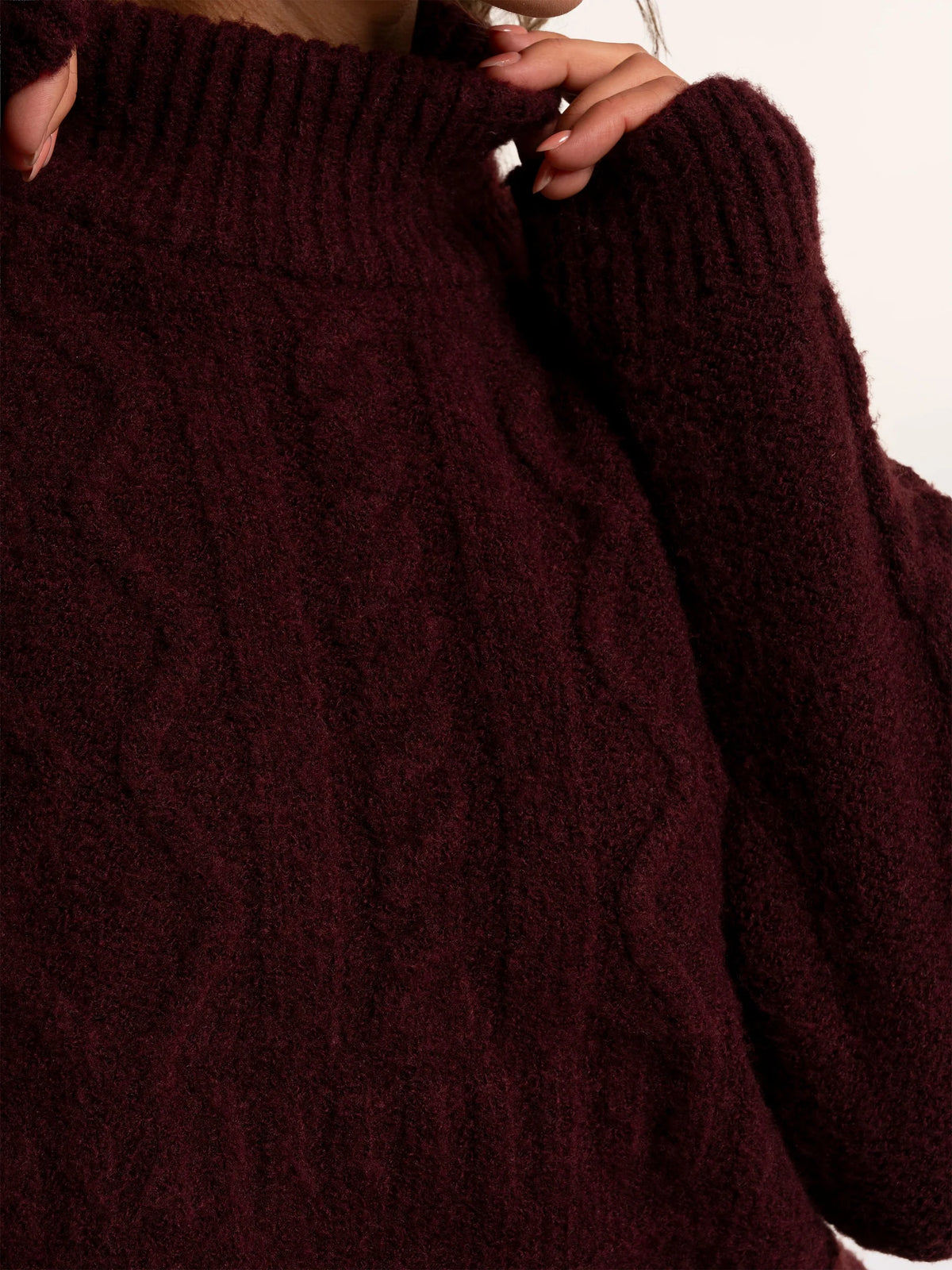 Brakeburn Freya Cable Knitted Funnel Neck Jumper in wine