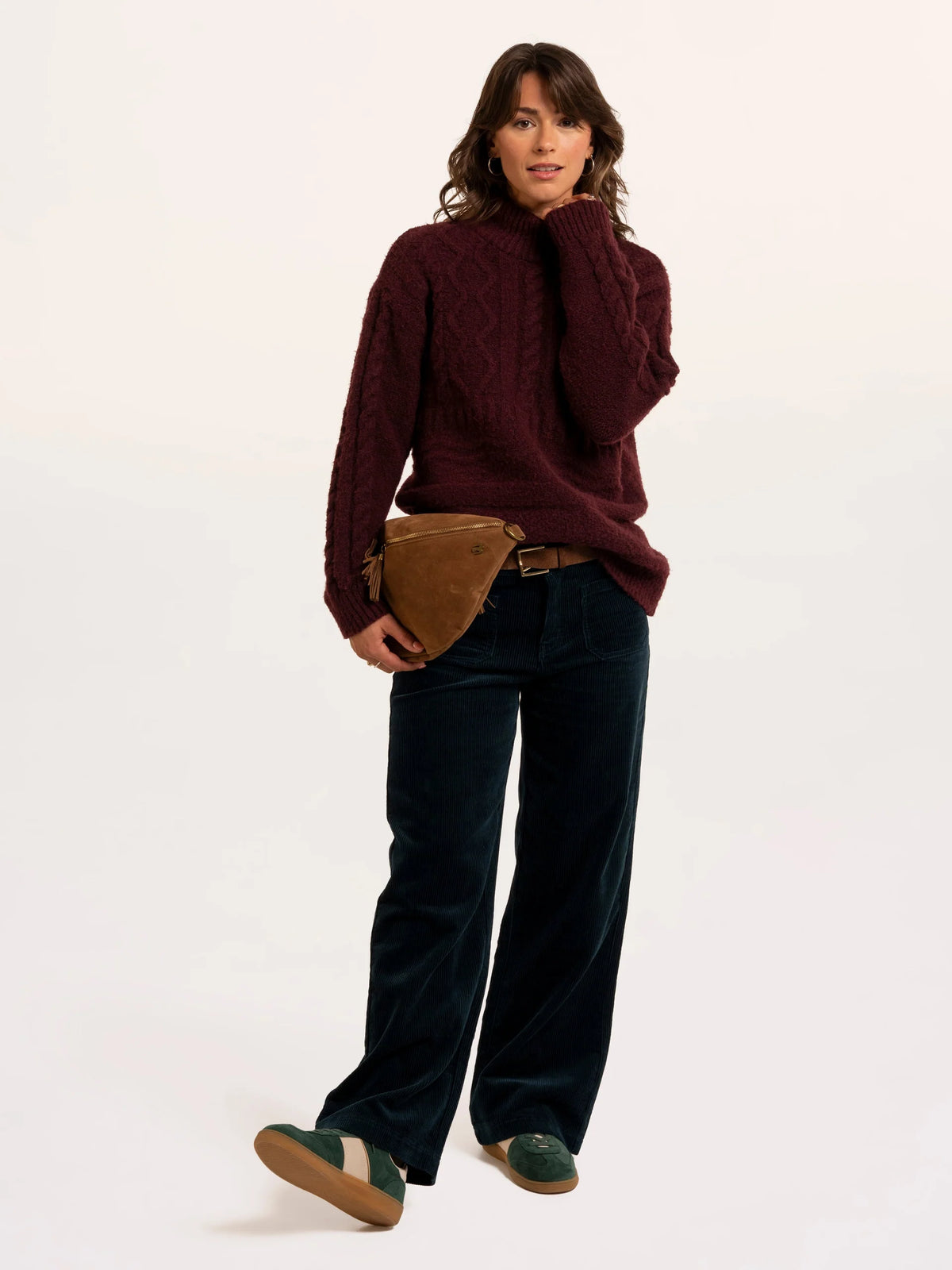 Brakeburn Freya Cable Knitted Funnel Neck Jumper in wine