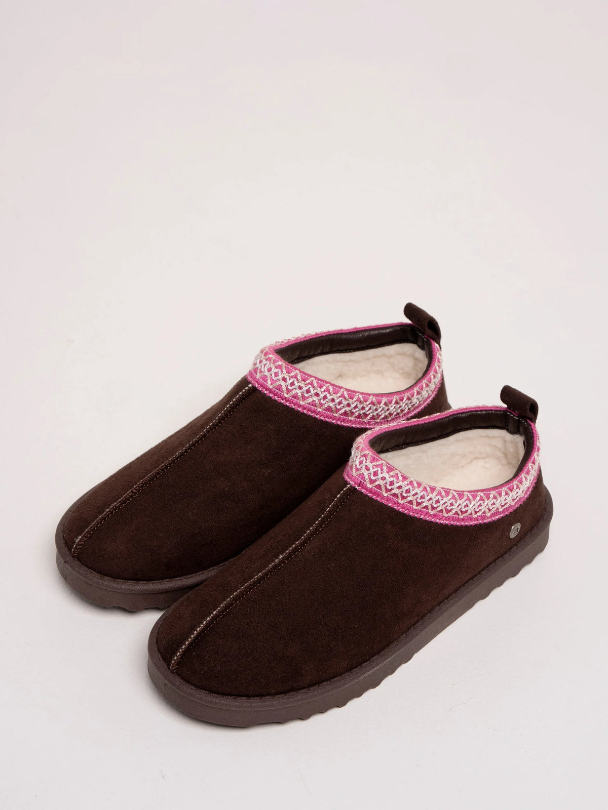 Brakeburn Frosty Morning Slipper in chocolate brown faux suede featuring pink ribbon trim and faux shearling lining