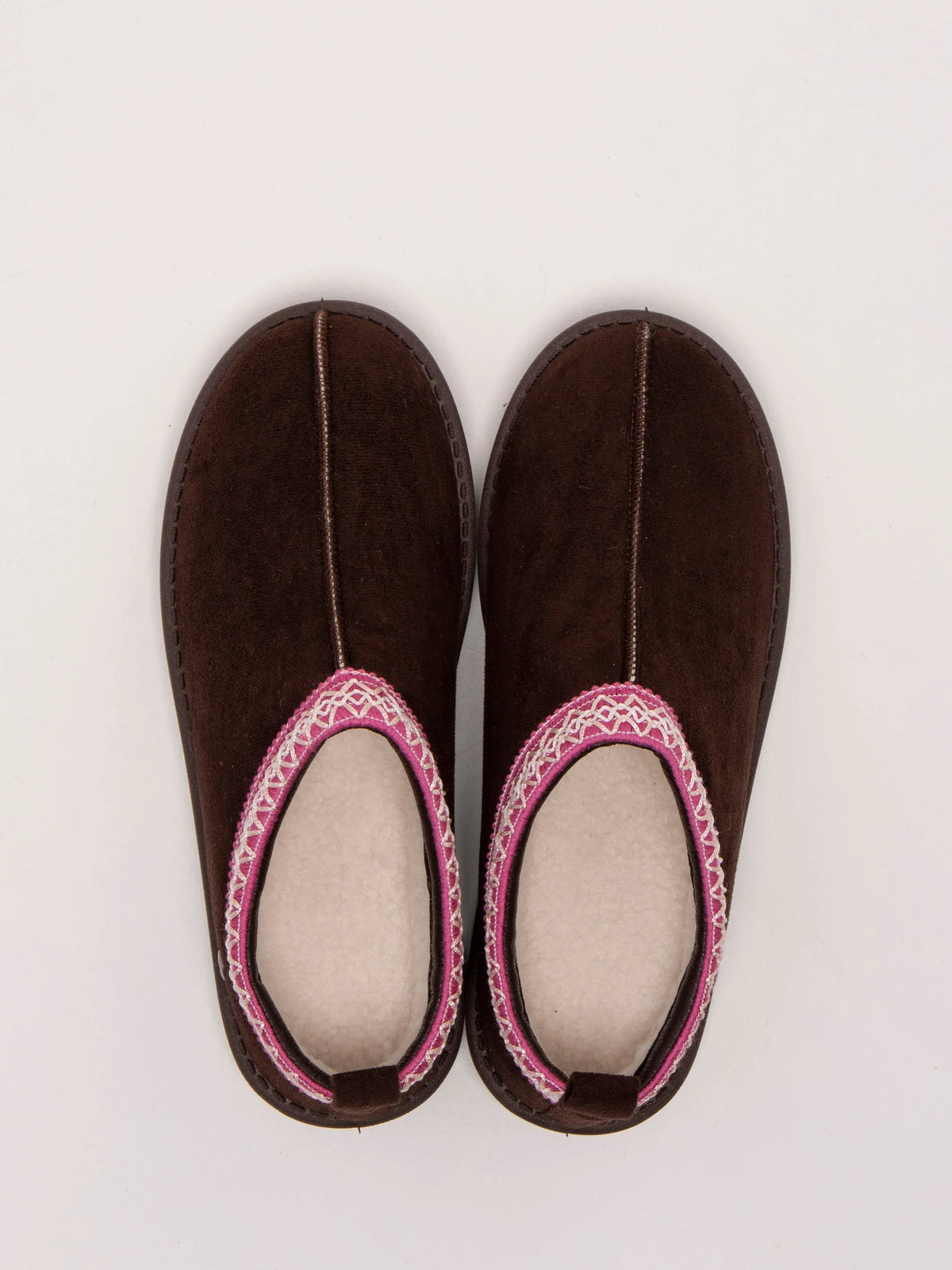 Brakeburn Frosty Morning Slipper in chocolate brown faux suede featuring pink ribbon trim and faux shearling lining