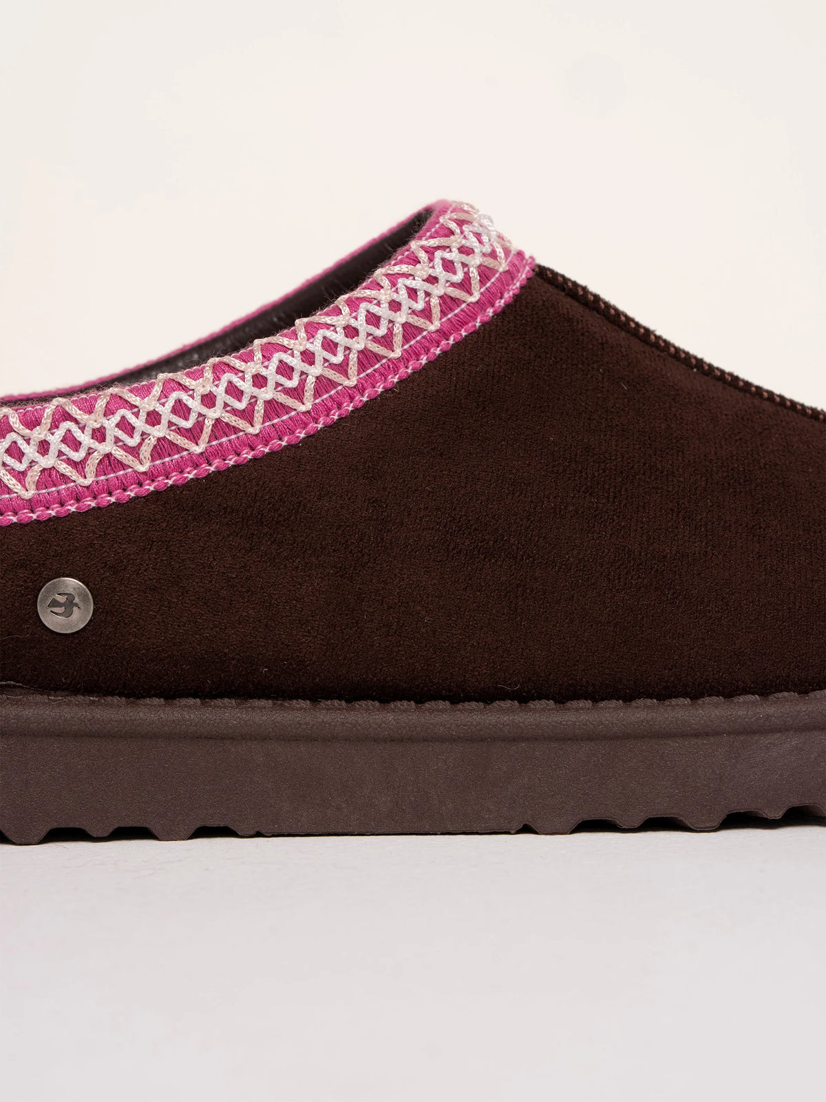 Brakeburn Frosty Morning Slipper in chocolate brown faux suede featuring pink ribbon trim and faux shearling lining