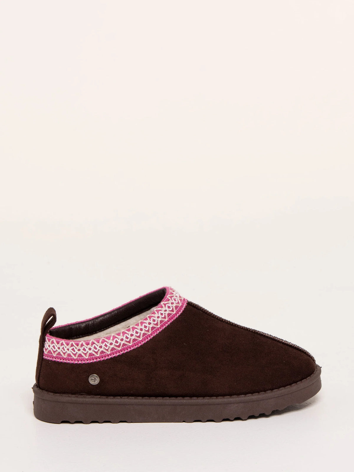 Brakeburn Frosty Morning Slipper in chocolate brown faux suede featuring pink ribbon trim and faux shearling lining
