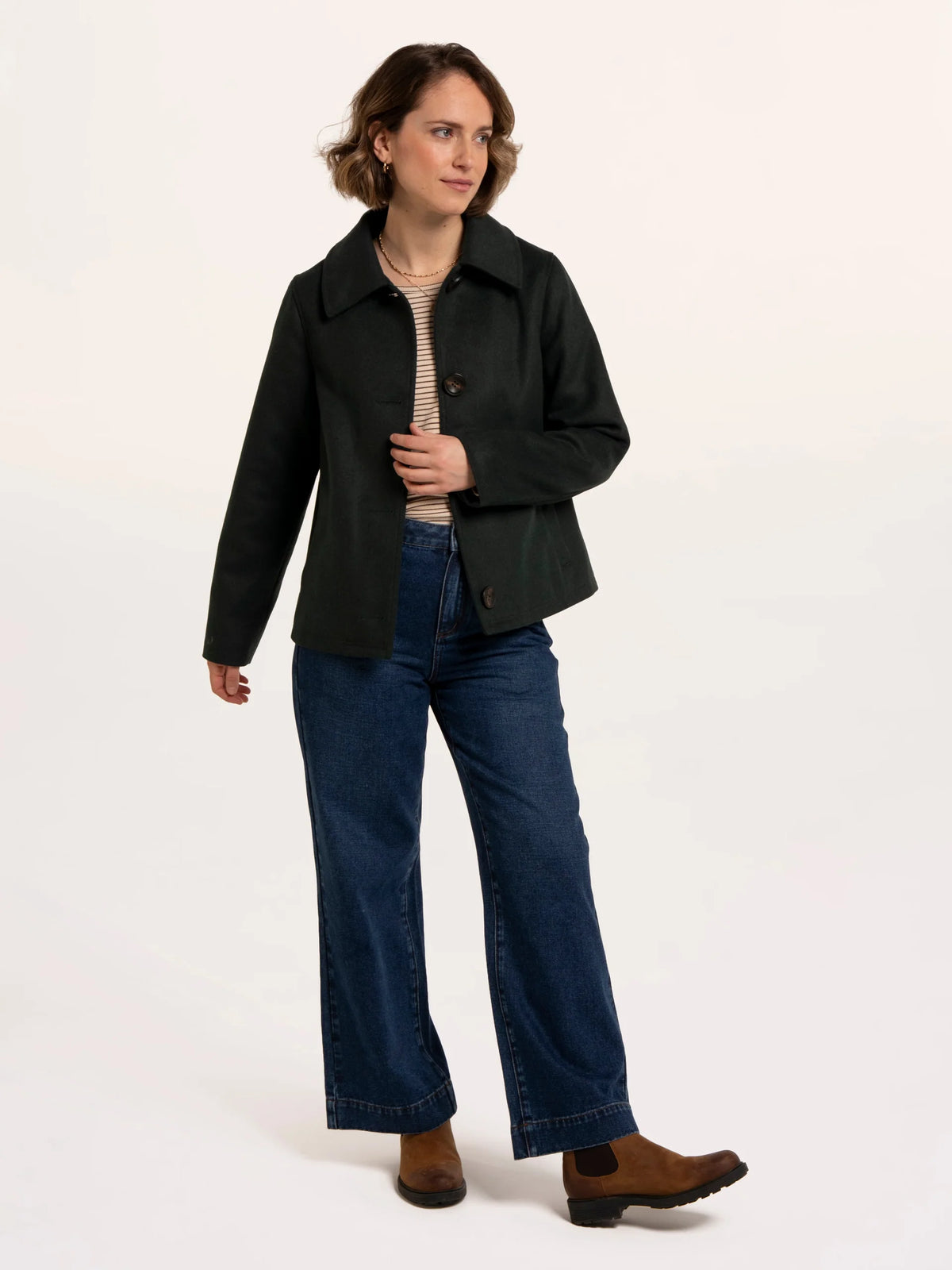Brakeburn Hazel Teal Collared Jacket in deep teal styled over a white cable knit jumper