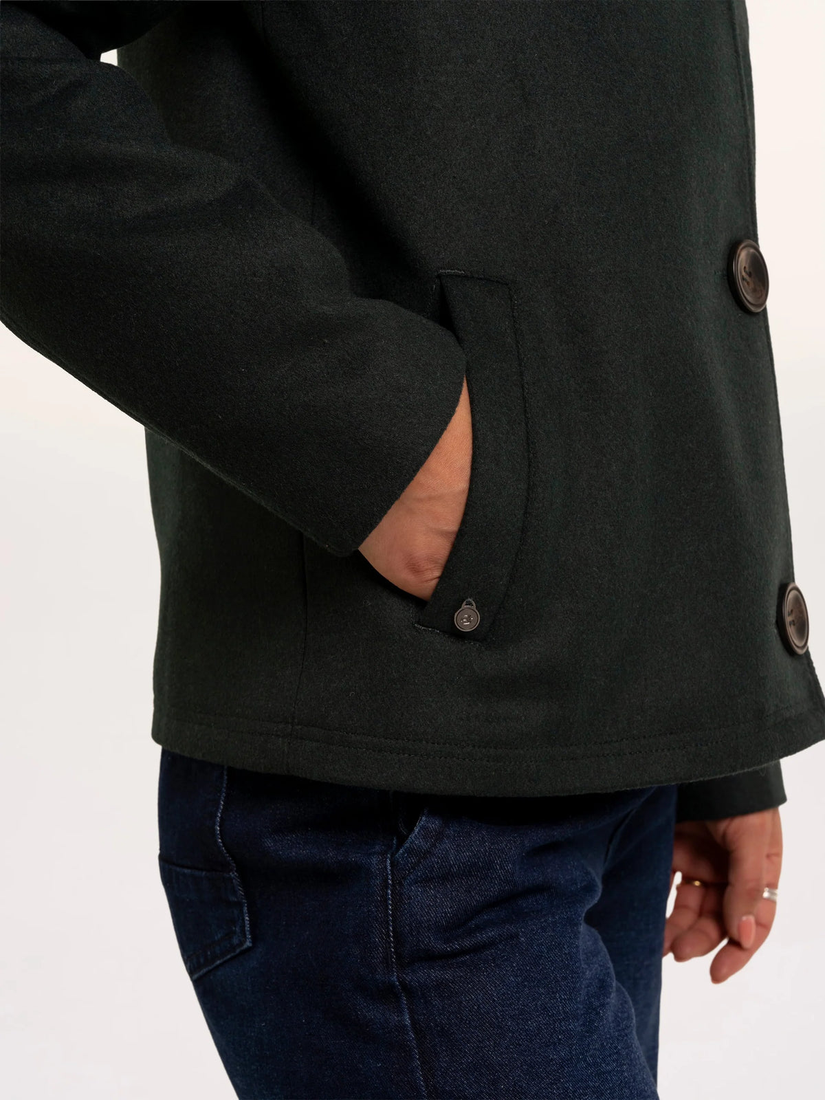 Brakeburn Hazel Teal Collared Jacket in deep teal styled over a white cable knit jumper