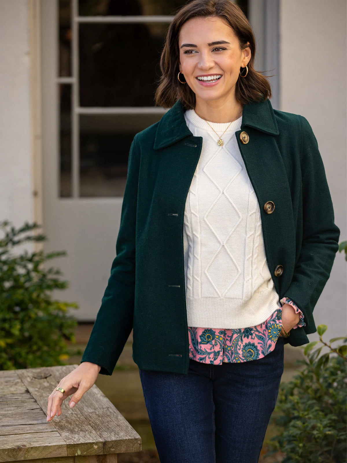 Brakeburn Hazel Collared Jacket in deep teal styled over a white cable knit jumper