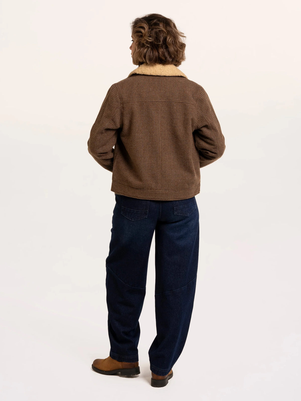 Brakeburn Hemlock Faux Fur Collar Textured Coat in brown wool mix check styled with denim jeans