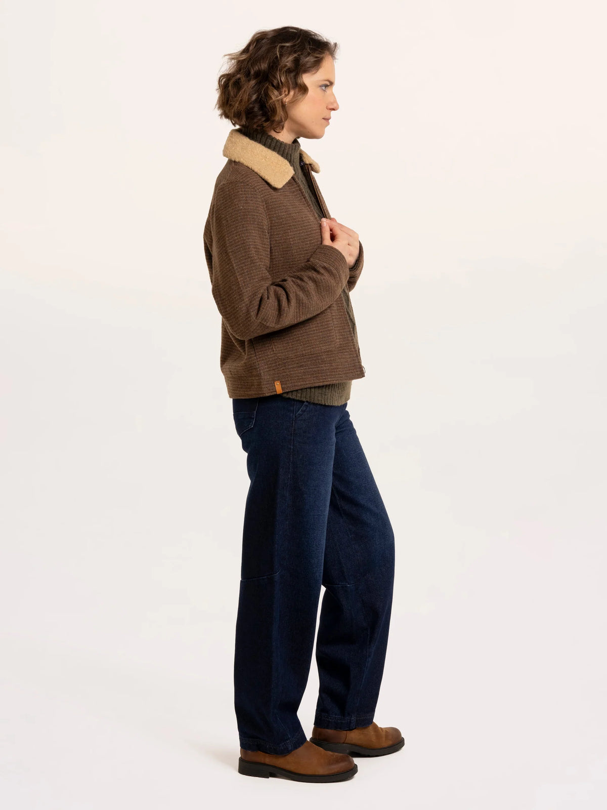 Brakeburn Hemlock Faux Fur Collar Textured Coat in brown wool mix check styled with denim jeans