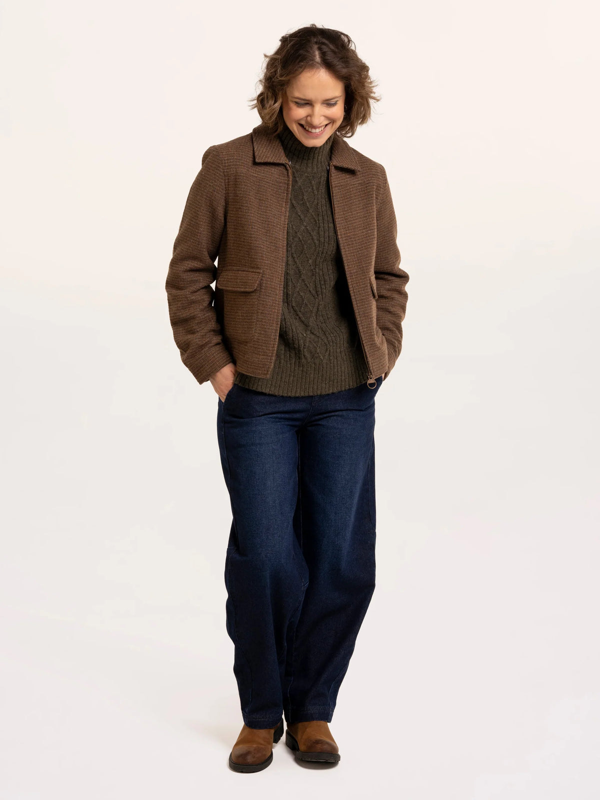 Brakeburn Hemlock Faux Fur Collar Textured Coat in brown wool mix check styled with denim jeans