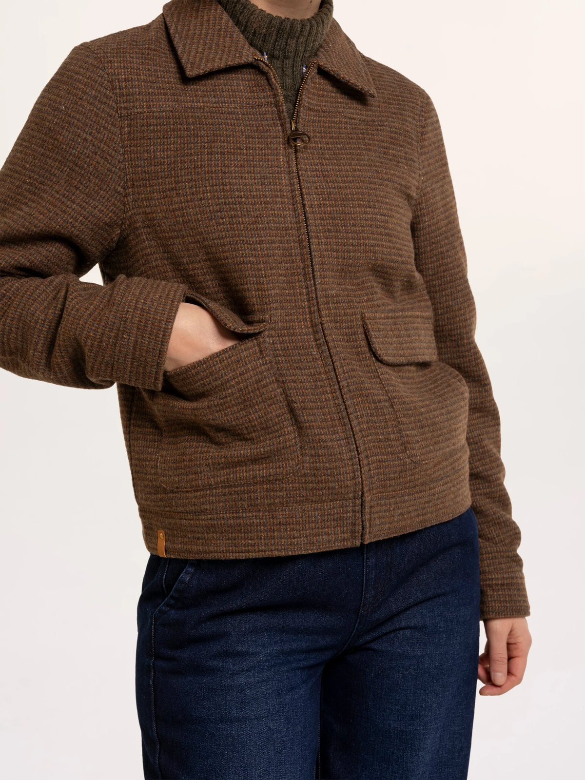 Brakeburn Hemlock Faux Fur Collar Textured Coat in brown wool mix check styled with denim jeans