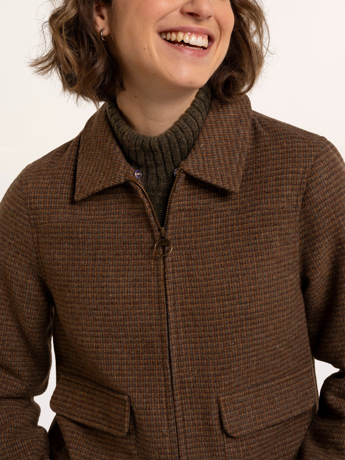 Brakeburn Hemlock Faux Fur Collar Textured Coat in brown wool mix check styled with denim jeans