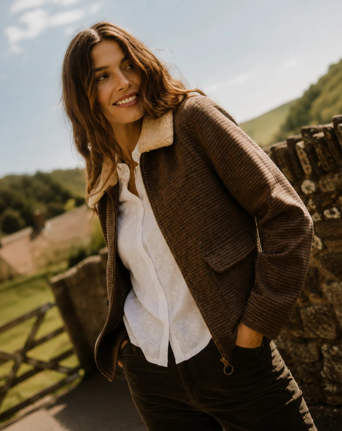 Brakeburn Hemlock Faux Fur Collar Textured Coat in brown wool mix check styled with denim jeans