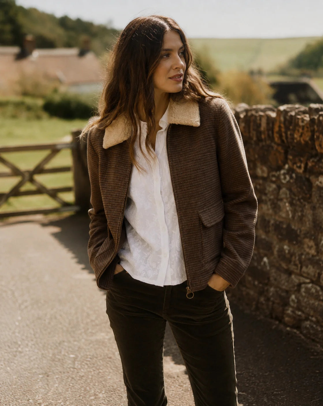 Brakeburn Hemlock Faux Fur Collar Textured Coat in brown wool mix check styled with denim jeans
