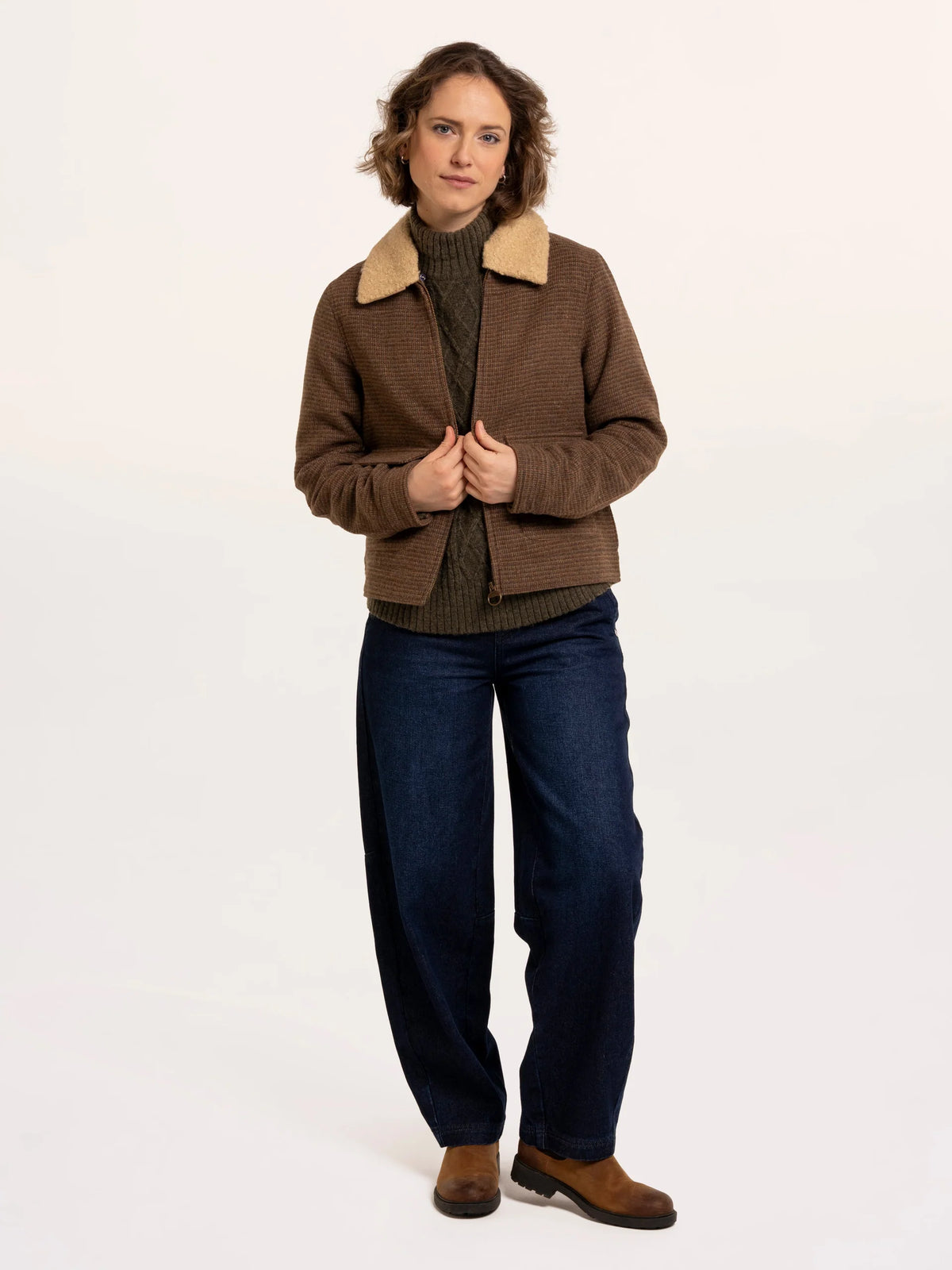 Brakeburn Hemlock Faux Fur Collar Textured Coat in brown wool mix check styled with denim jeans