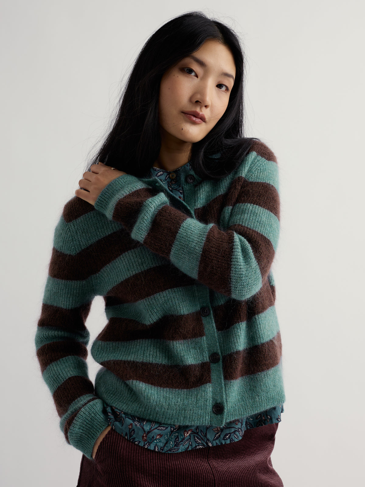 Seasalt Womens Burnished Light Knitted Cardigan in soft mohair wool blend with boat neckline and button front