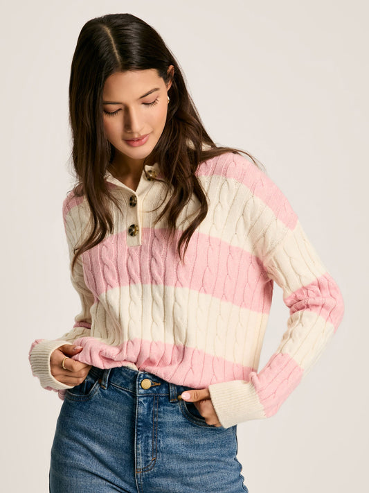 Joules Love All Cable Knit Jumper with Button Collar