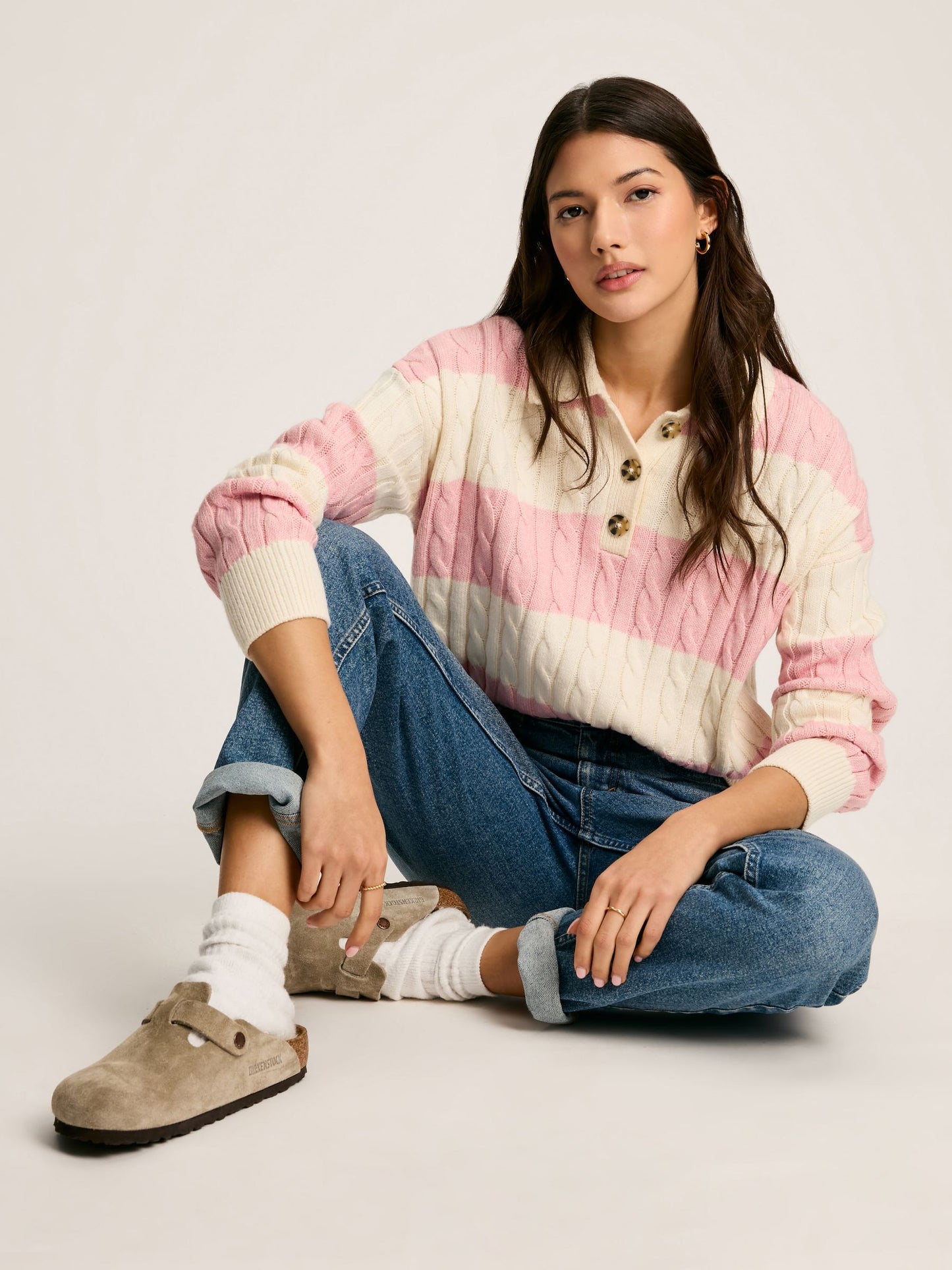 Joules Love All Cable Knit Jumper with Button Collar