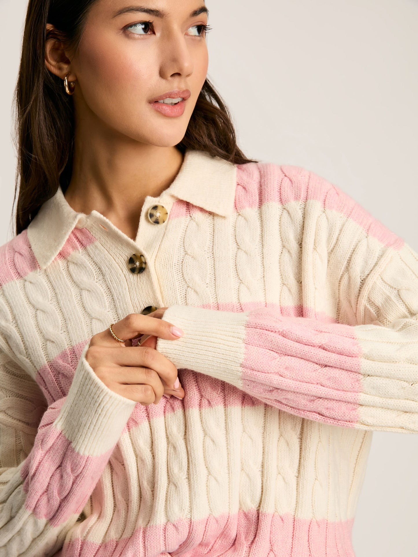 Joules Love All Cable Knit Jumper with Button Collar