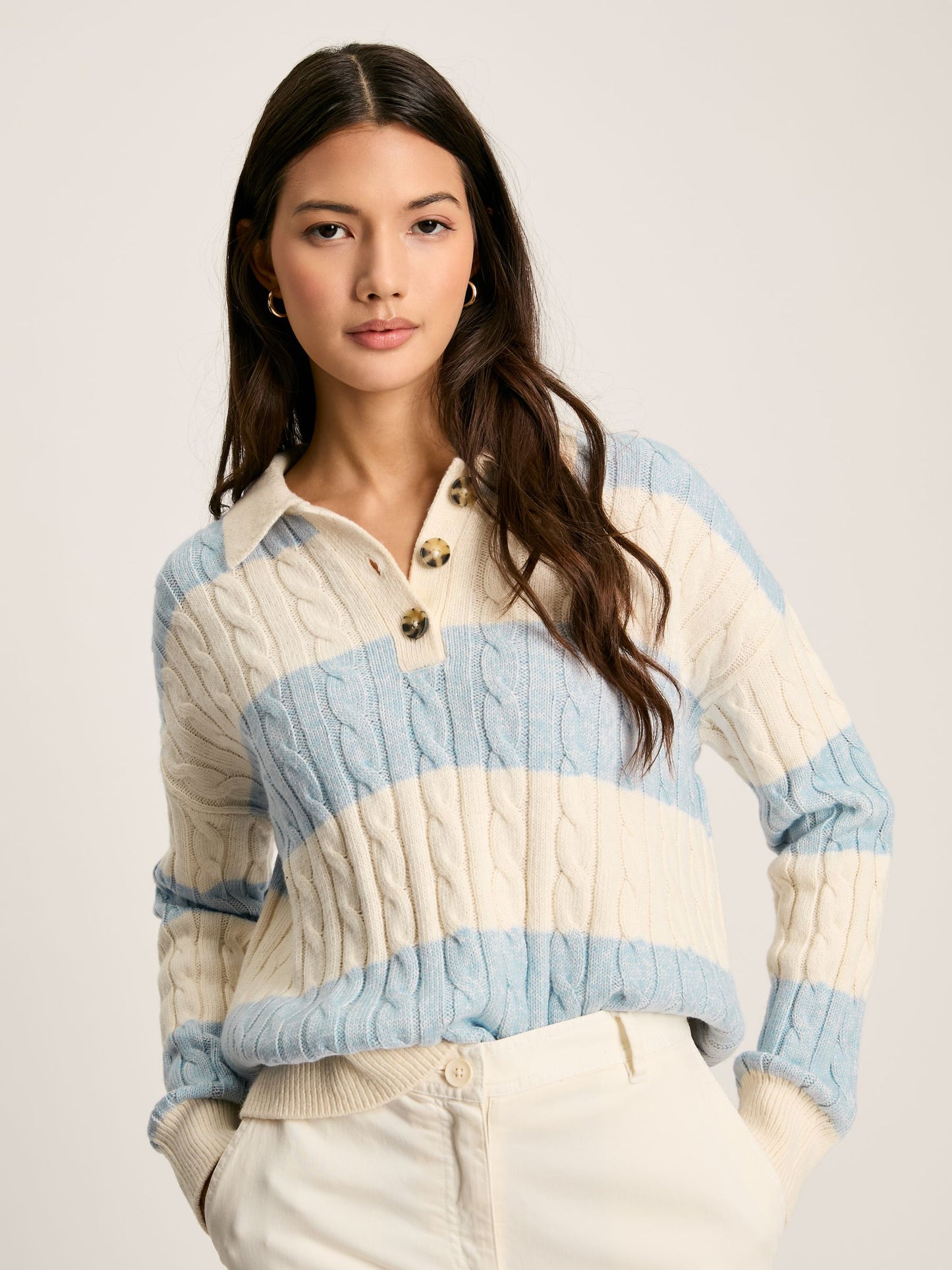 Joules Love All Cable Knit Jumper with Button Collar