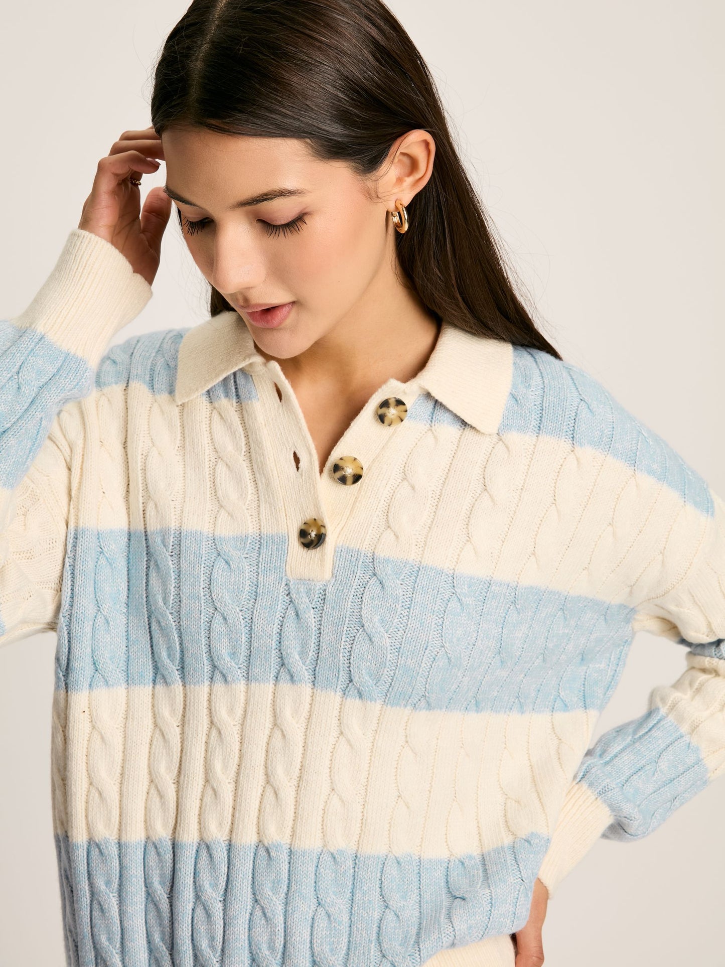 Joules Love All Cable Knit Jumper with Button Collar