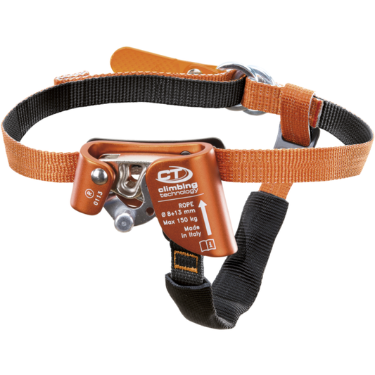 Skylotec Quick Step A right foot ascender attached to boot with self-cleaning cam mechanism on climbing rope