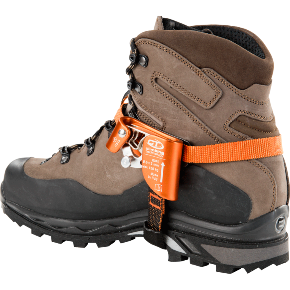 Skylotec Quick Step A right foot ascender attached to boot with self-cleaning cam mechanism on climbing rope