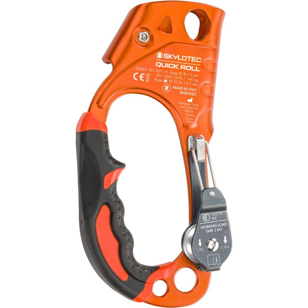 Skylotec Quick Roll hand ascender showing ergonomic grip, integrated pulley, and steel cam mechanism