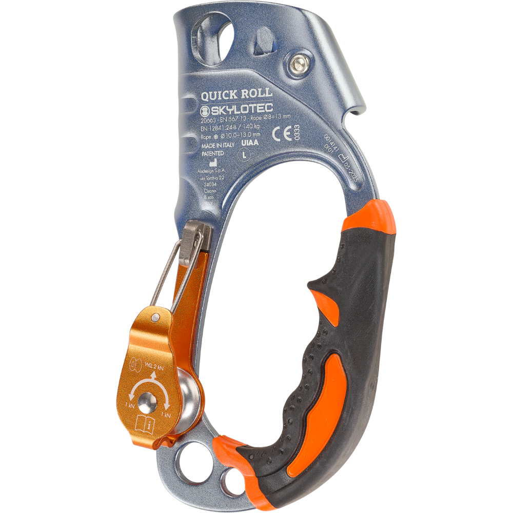 Skylotec Quick Roll hand ascender showing ergonomic grip, integrated pulley, and steel cam mechanism