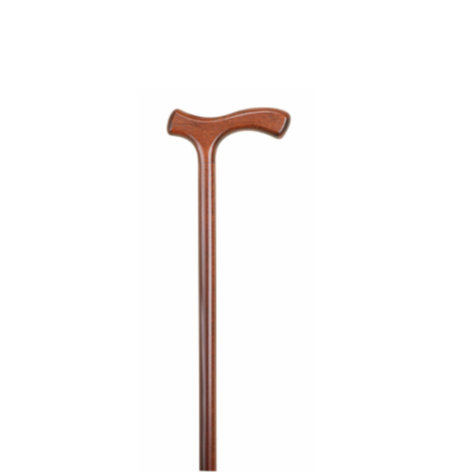 Charles Buyers brown stained beech wood walking stick featuring an ergonomic crutch handle and fitted non-slip rubber ferrule