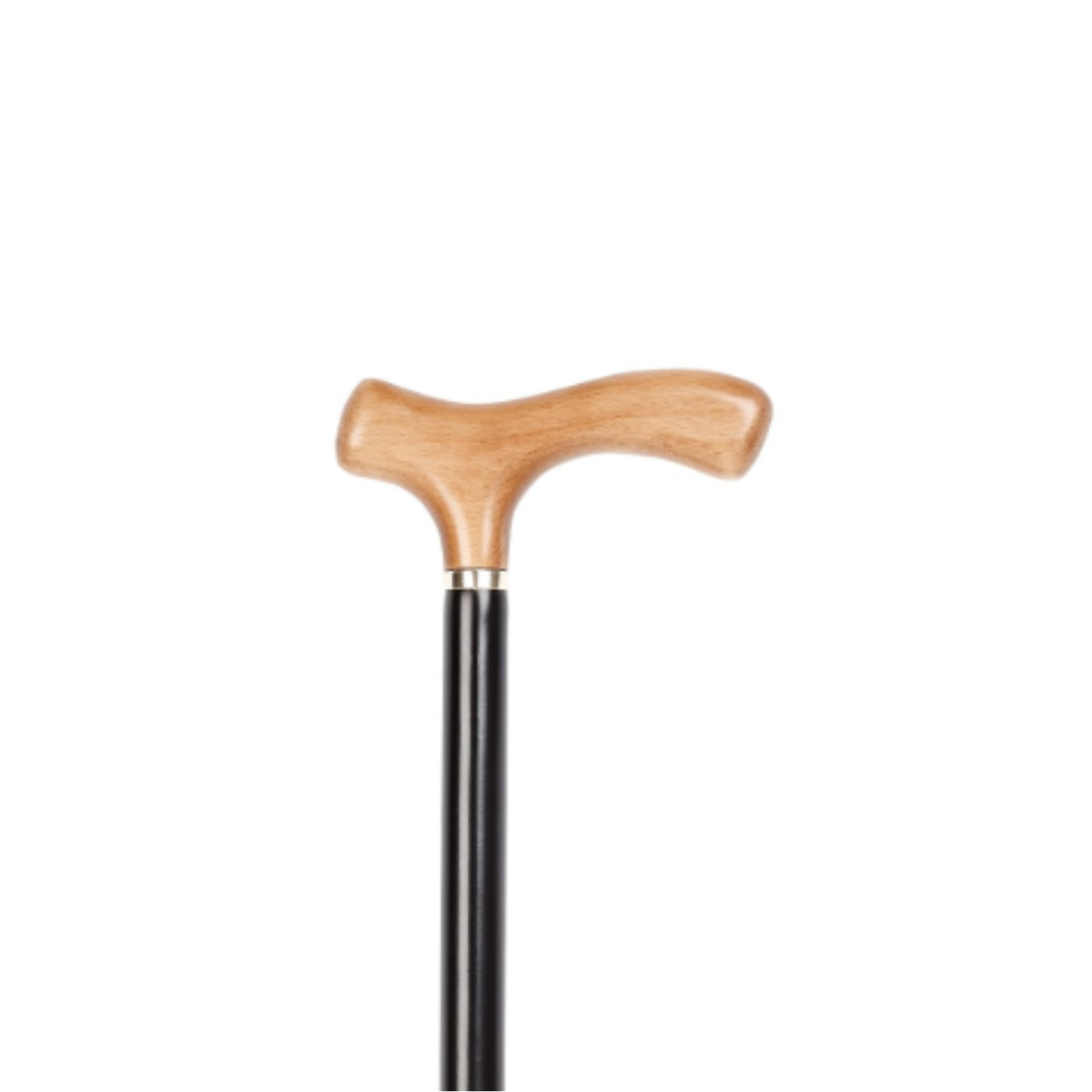 Charles Buyers two-tone wooden walking stick featuring a black ergonomic crutch handle and natural timber shaft