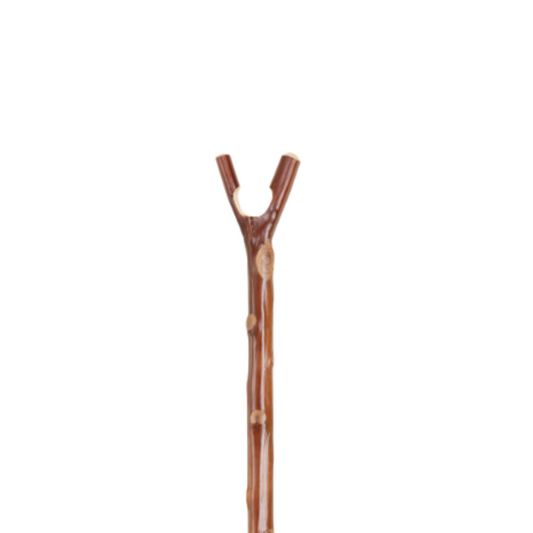 Charles Buyers rustic natural chestnut wooden walking stick featuring a carved thumb notch V-handle and protective metal tip