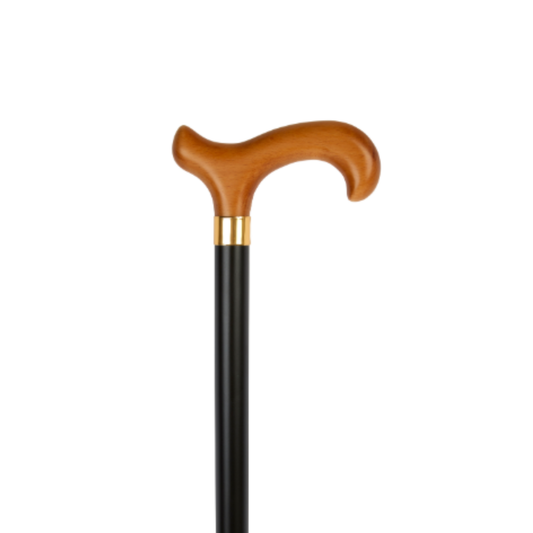 Charles Buyers two-tone wooden walking stick featuring a smooth black derby handle and natural timber shaft with rubber tip