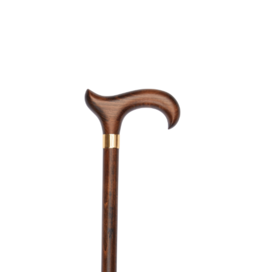Charles Buyers brown extra long wooden walking stick featuring a curved derby handle and non-slip rubber ferrule