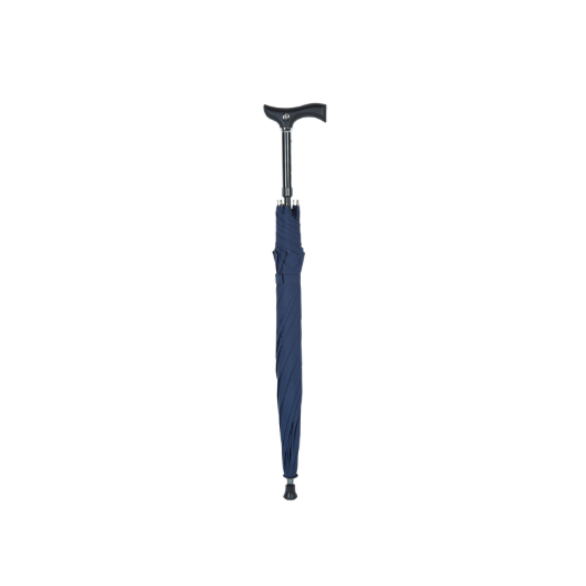 Charles Buyers blue walking stick umbrella with ergonomic crutch handle and supportive rubber base ferrule