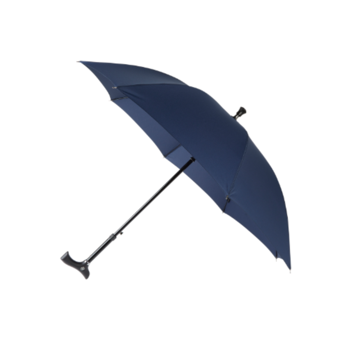 Charles Buyers blue walking stick umbrella with ergonomic crutch handle and supportive rubber base ferrule