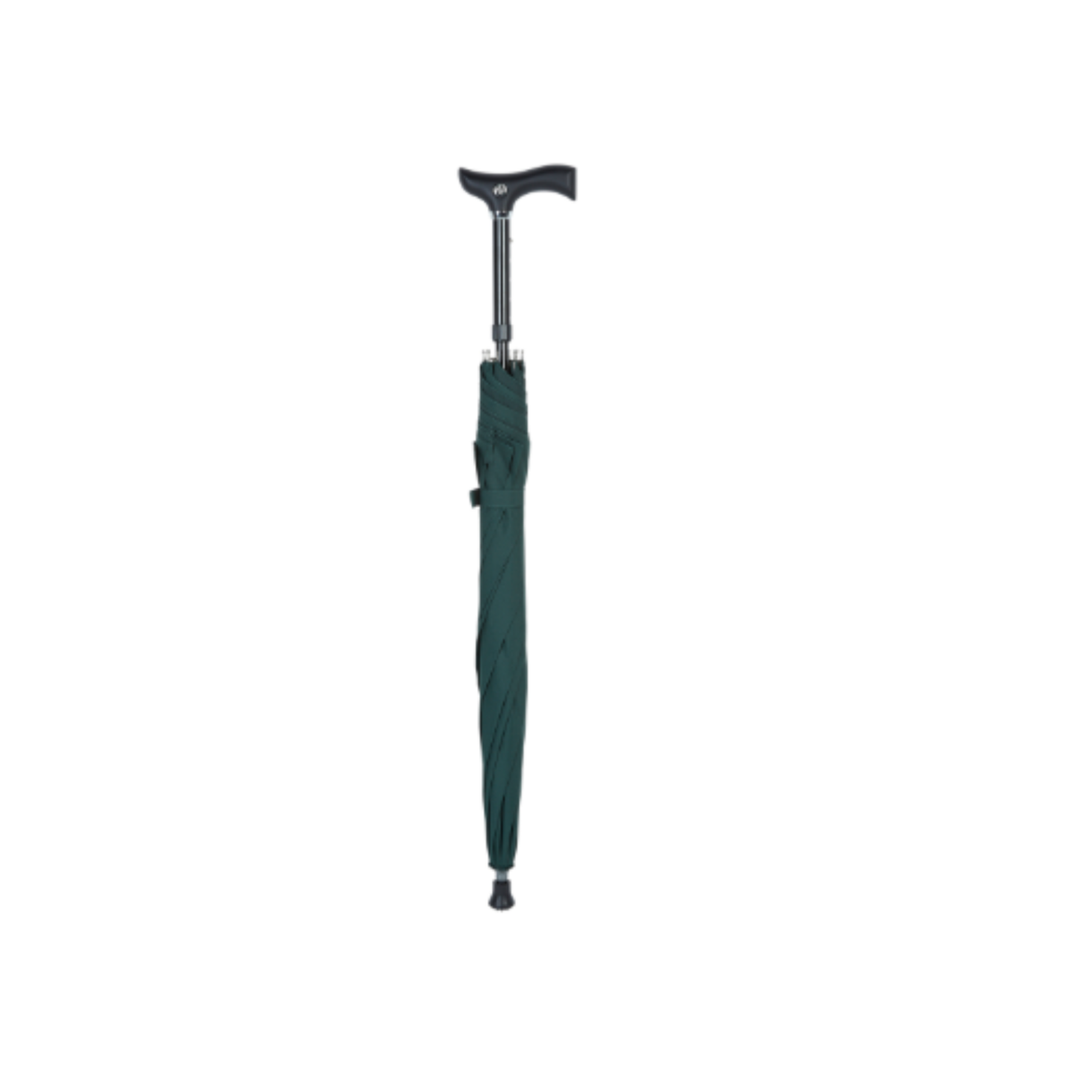 Charles Buyers dark green walking stick umbrella featuring an ergonomic crutch handle and fitted non-slip rubber ferrule
