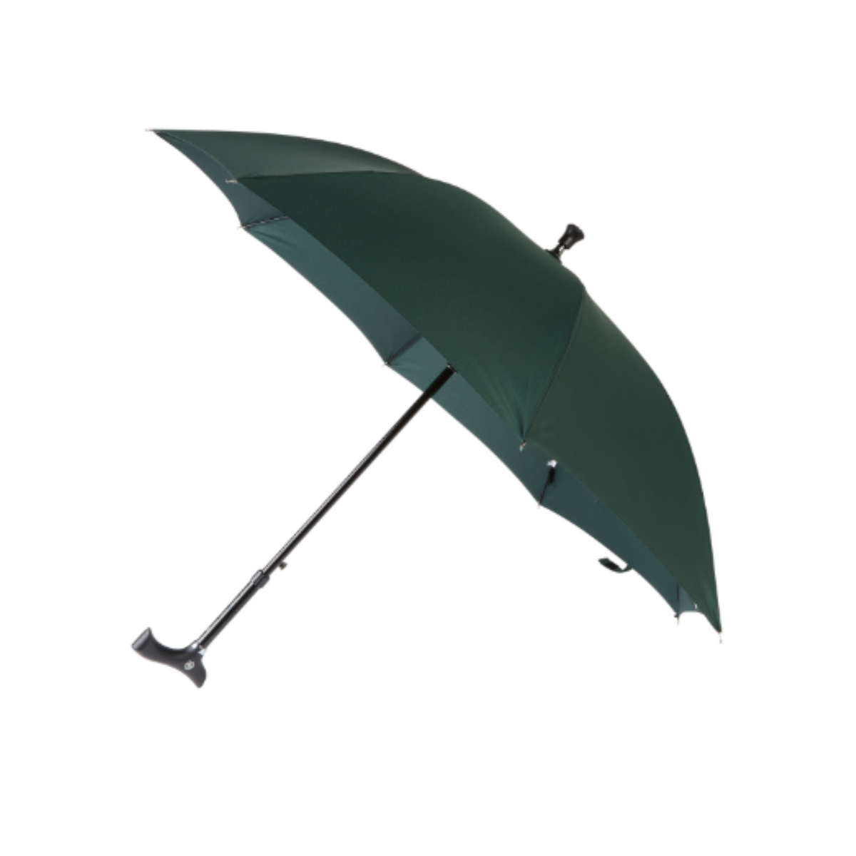 Charles Buyers dark green walking stick umbrella featuring an ergonomic crutch handle and fitted non-slip rubber ferrule
