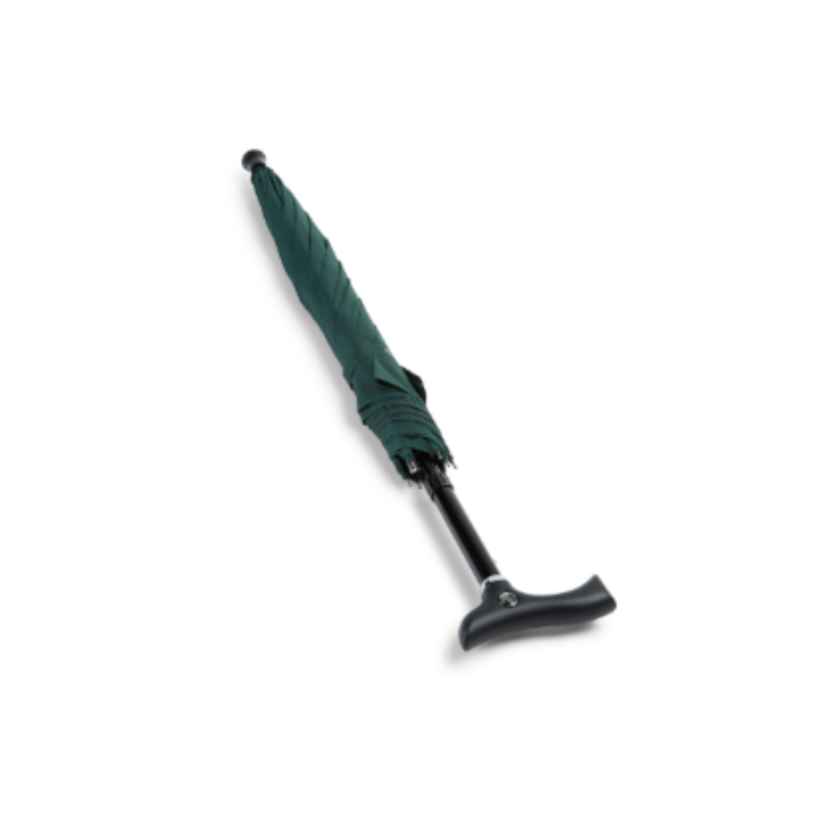 Charles Buyers dark green walking stick umbrella featuring an ergonomic crutch handle and fitted non-slip rubber ferrule