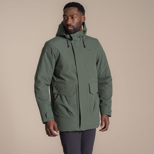 Craghoppers Mens Agnar Waterproof Insulated Jacket in recycled twill fabric with borg lined hood and front zip flap