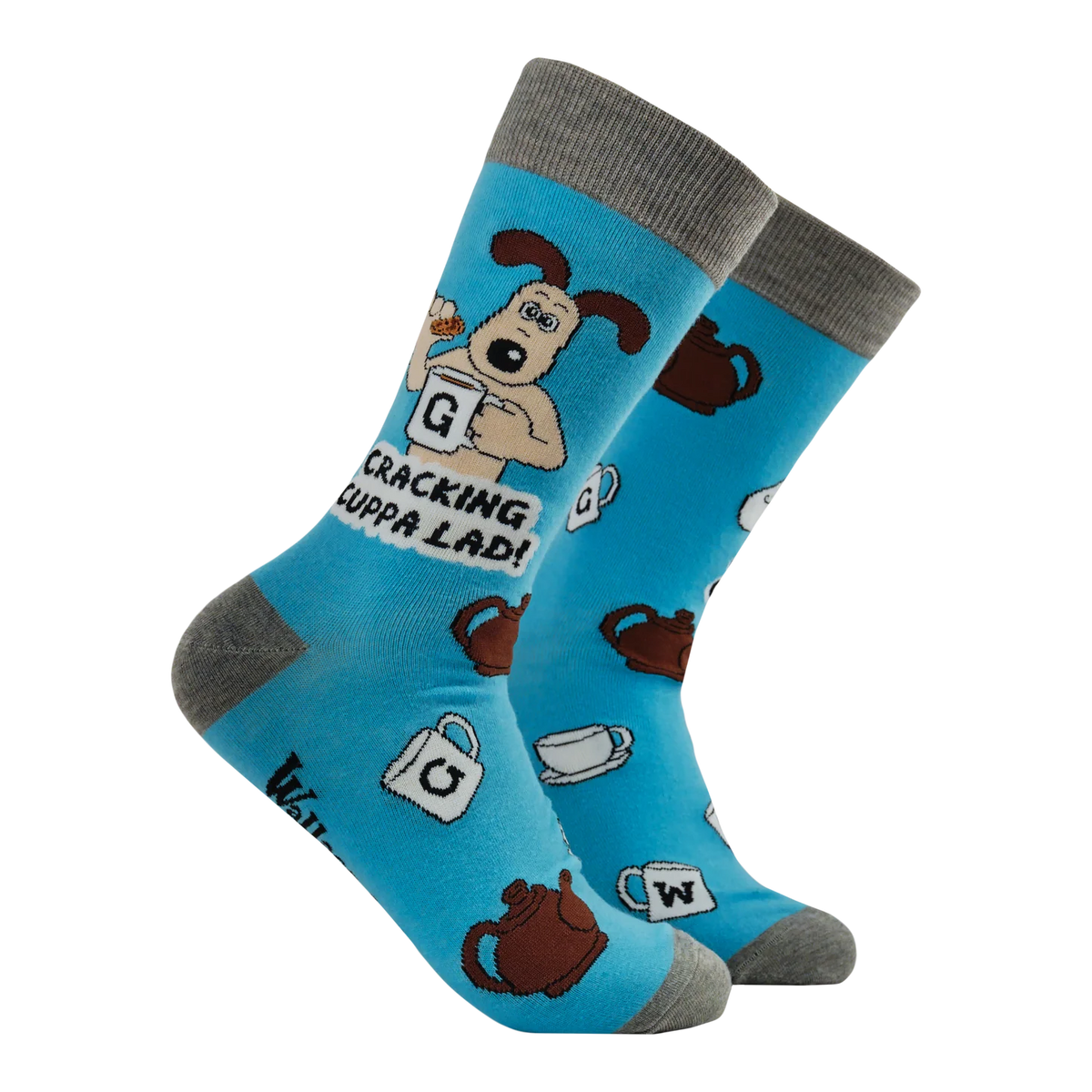 Socktopus Cracking Cuppa Lad Wallace and Gromit socks featuring Gromit surrounded by teapots and mugs on a comfortable cotton blend fabric