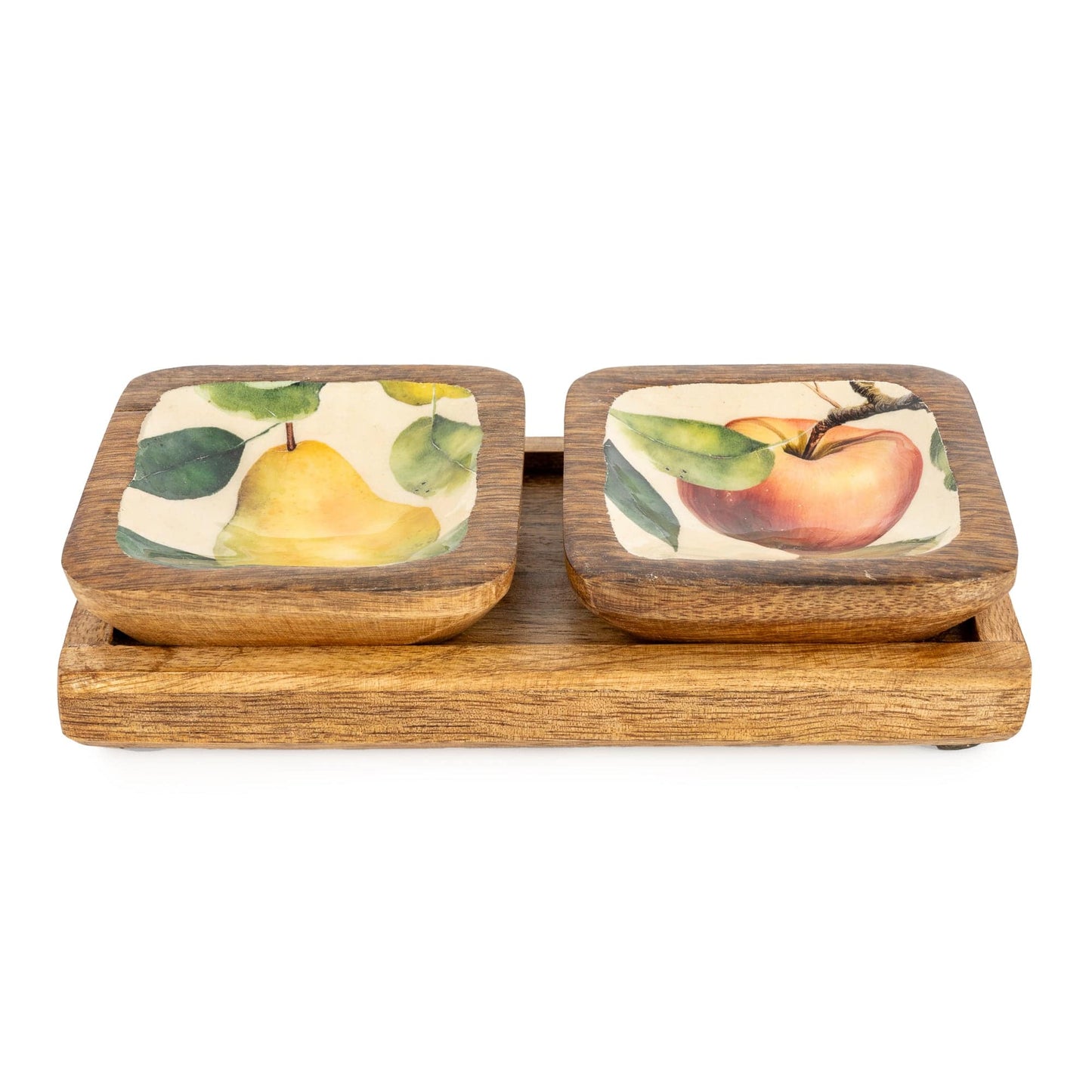 Candlelight Apples & Pears Mango Wood Square Dipping Bowls Set