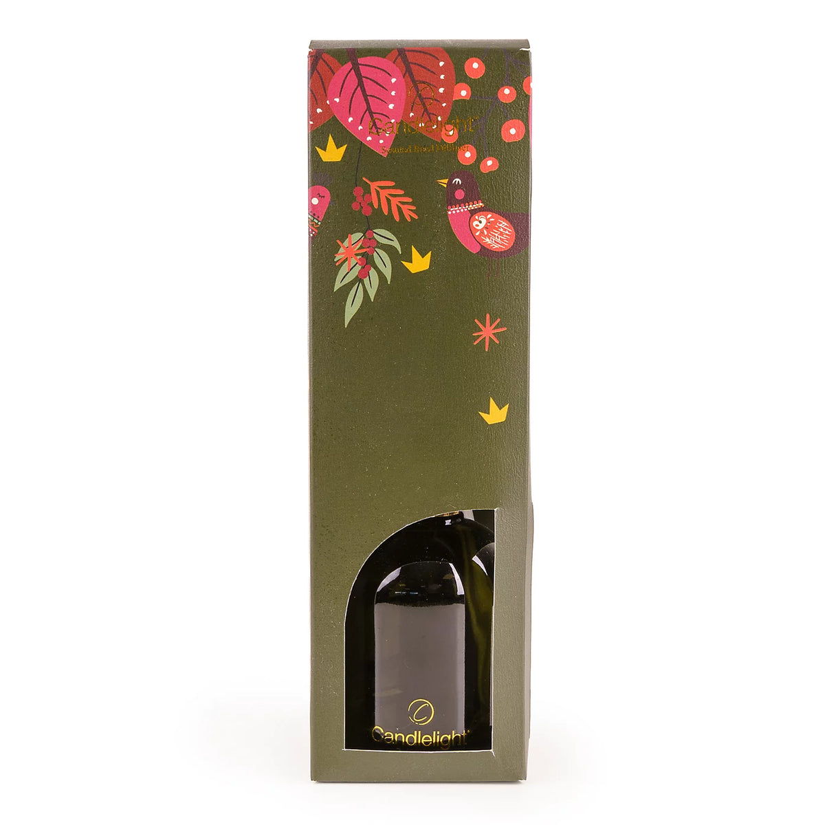 andlelight Christmas Birds 200ml reed diffuser in dark green glass vessel with white reeds and festive gift box