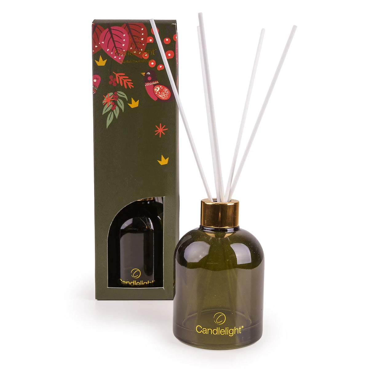 andlelight Christmas Birds 200ml reed diffuser in dark green glass vessel with white reeds and festive gift box