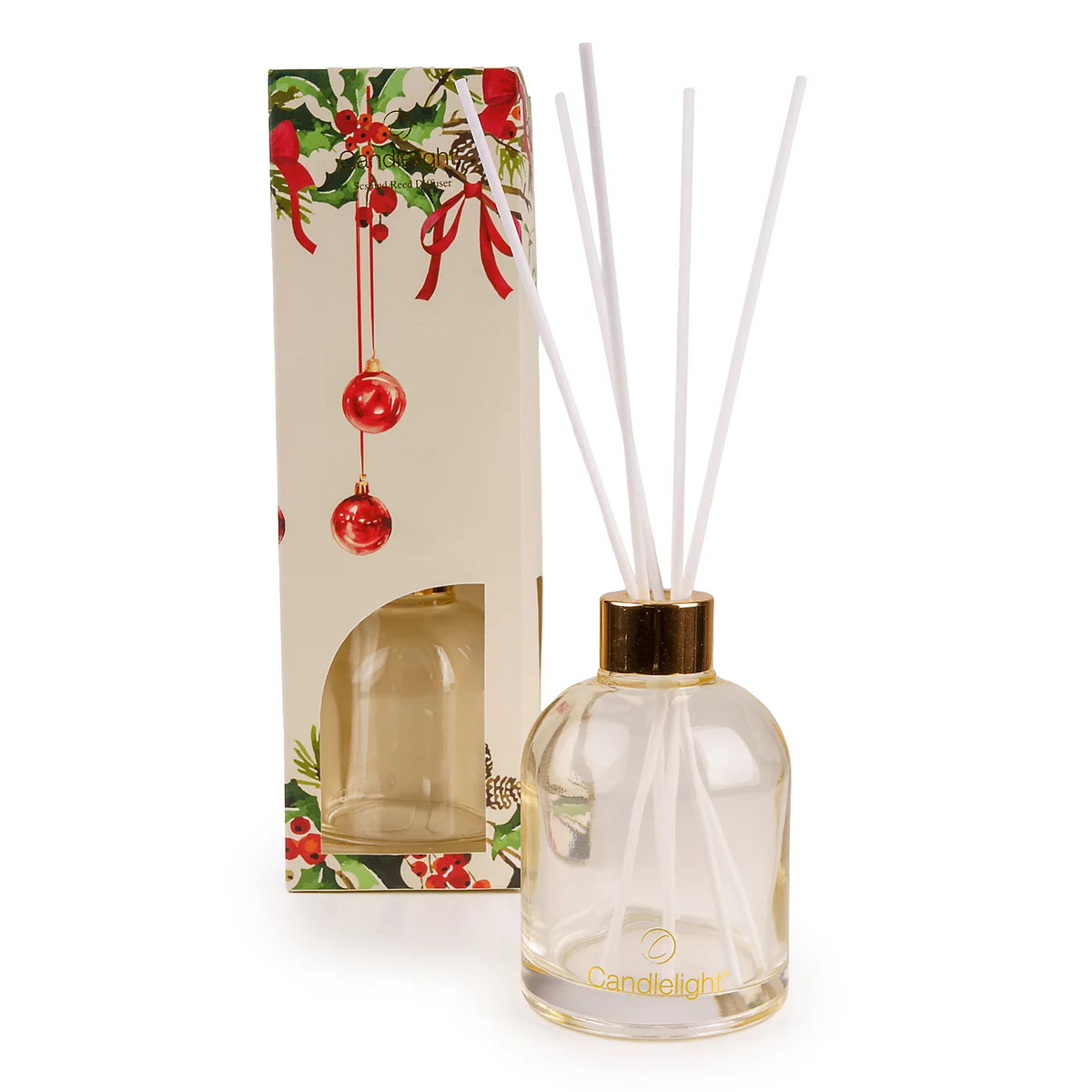 Candlelight Christmas Ribbons and Bows 200ml reed diffuser with clear glass bottle, white reeds, and festive gift box