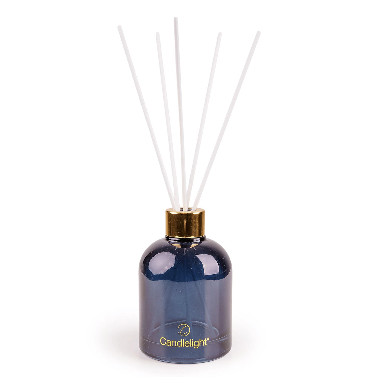 Candlelight Christmas Trees 200ml reed diffuser in blue glass bottle with gold collar, white reeds, and festive gift box