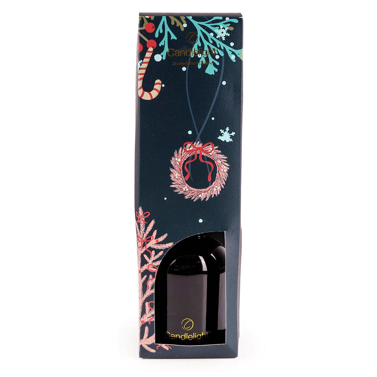 Candlelight Christmas Trees 200ml reed diffuser in blue glass bottle with gold collar, white reeds, and festive gift box