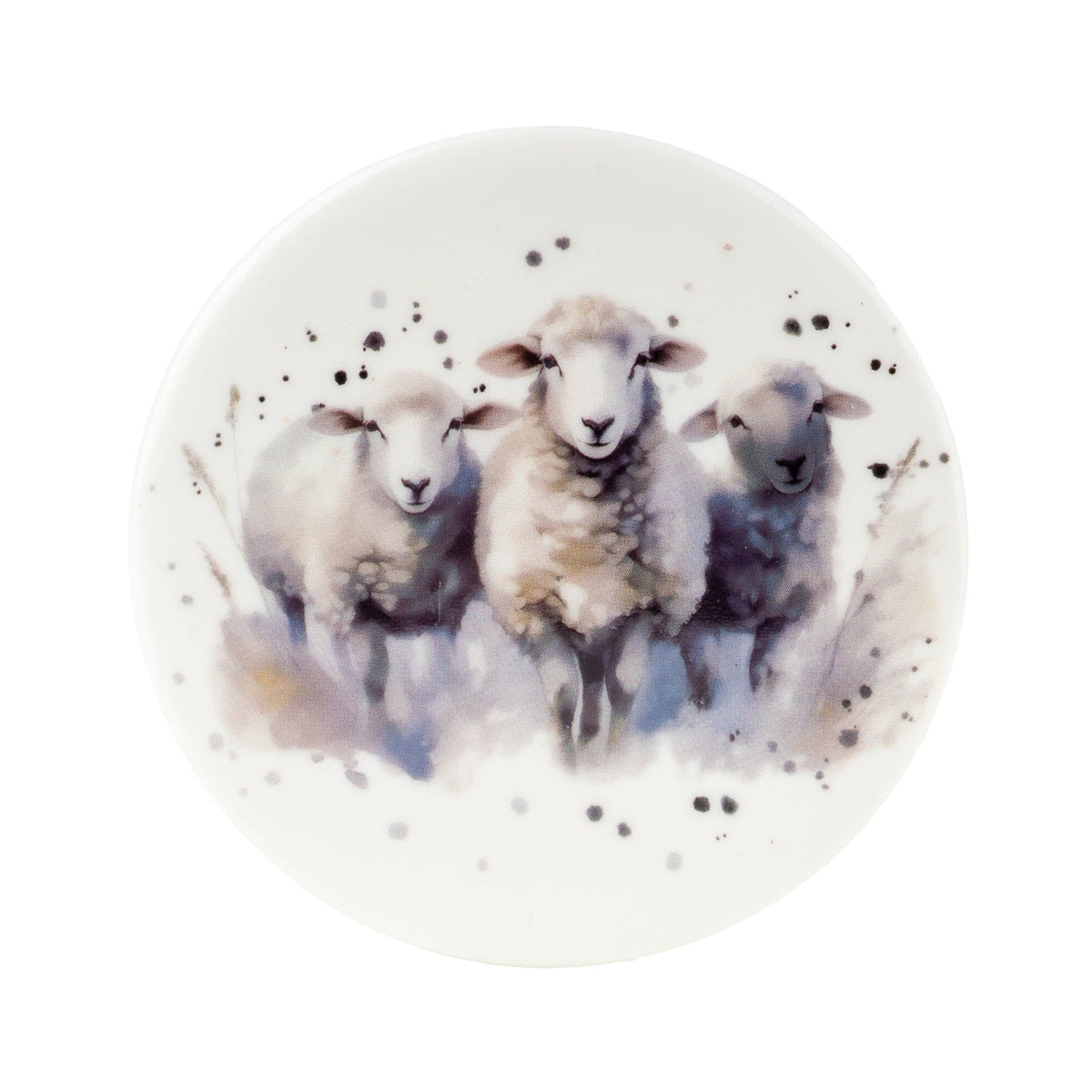 Candlelight Set of 4 Country Sheep round ceramic coasters featuring watercolour illustration of three sheep