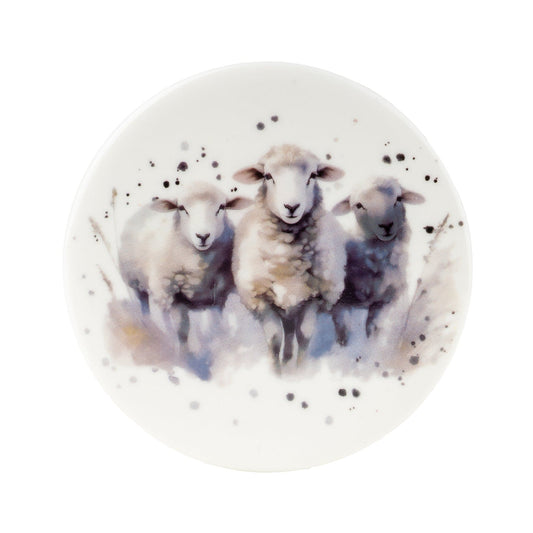 Candlelight Set of 4 Country Sheep round ceramic coasters featuring watercolour illustration of three sheep
